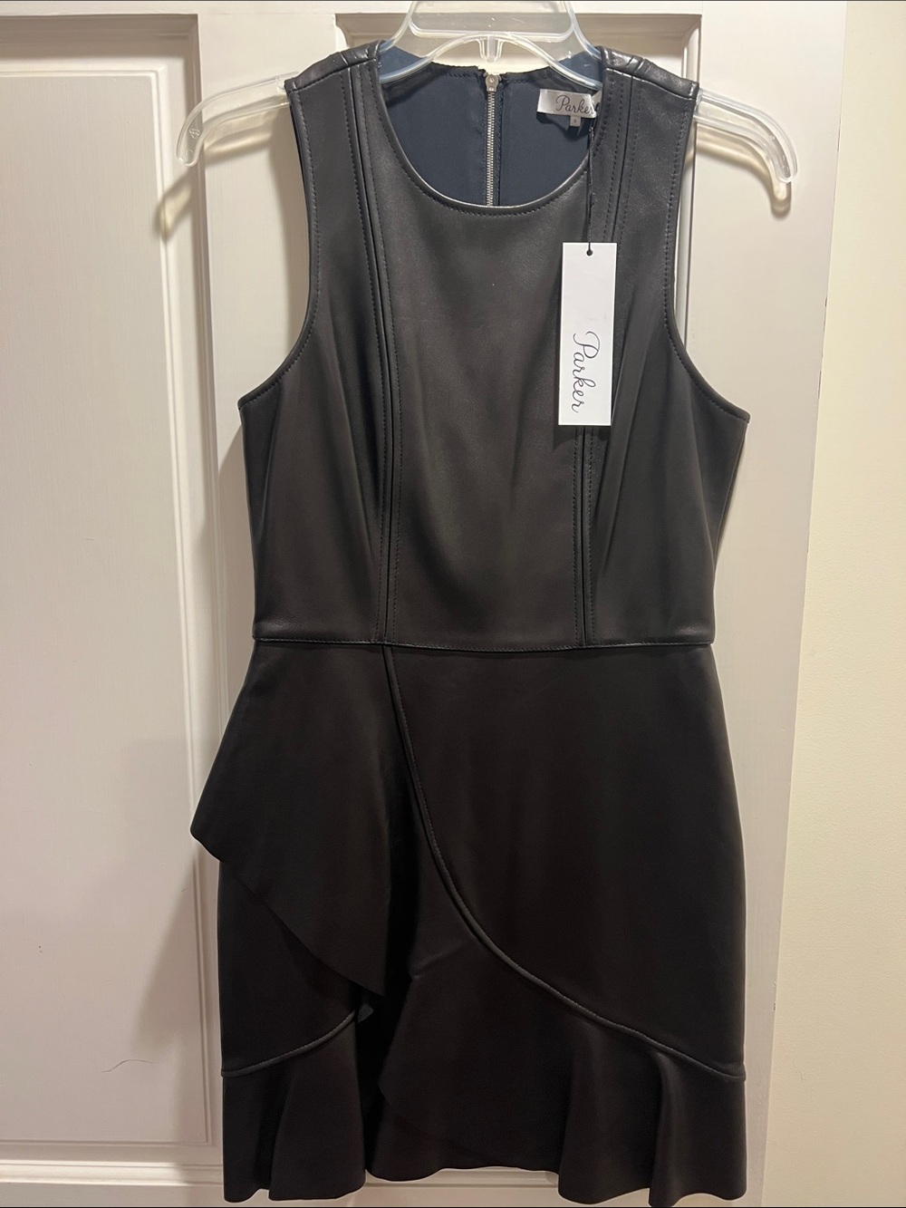 Parker dark brown Faux-Leather Sleeveless Ruffle Hem Mini Dress